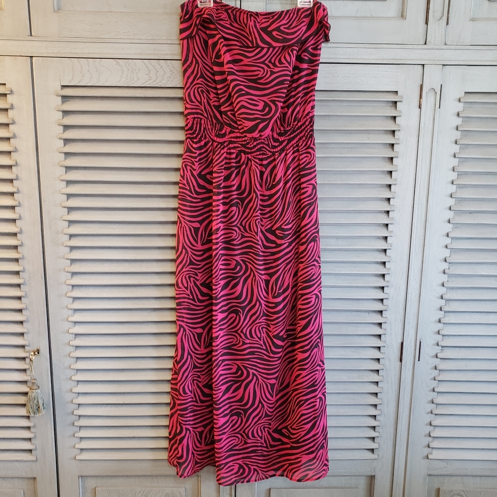 🎀No Strings Attached Junior's Hot Pink Zebra Strapless Maxi Dress Size XL🎀